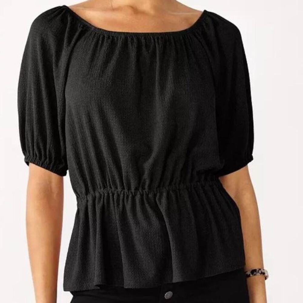 Nine West Short Sleeve Peplum Top, Black, Size Medium